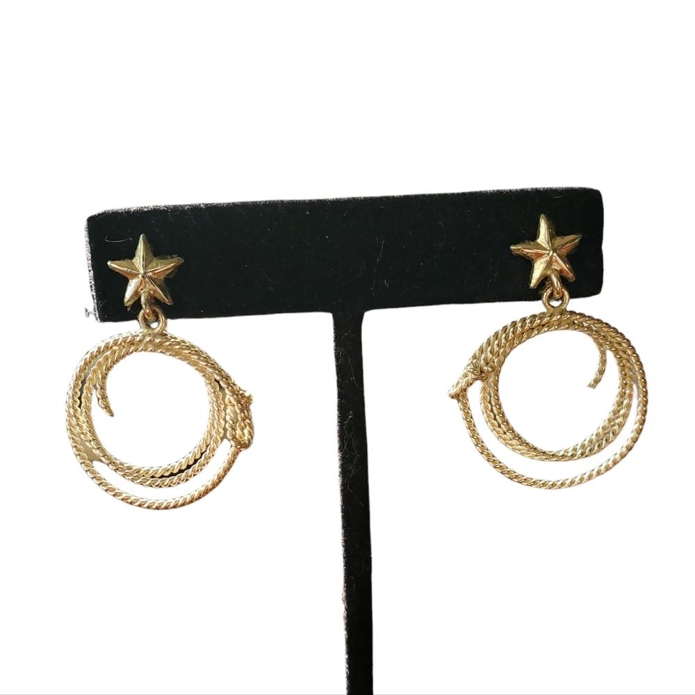 Cowgirl lariat rope dangle earrings silver stars